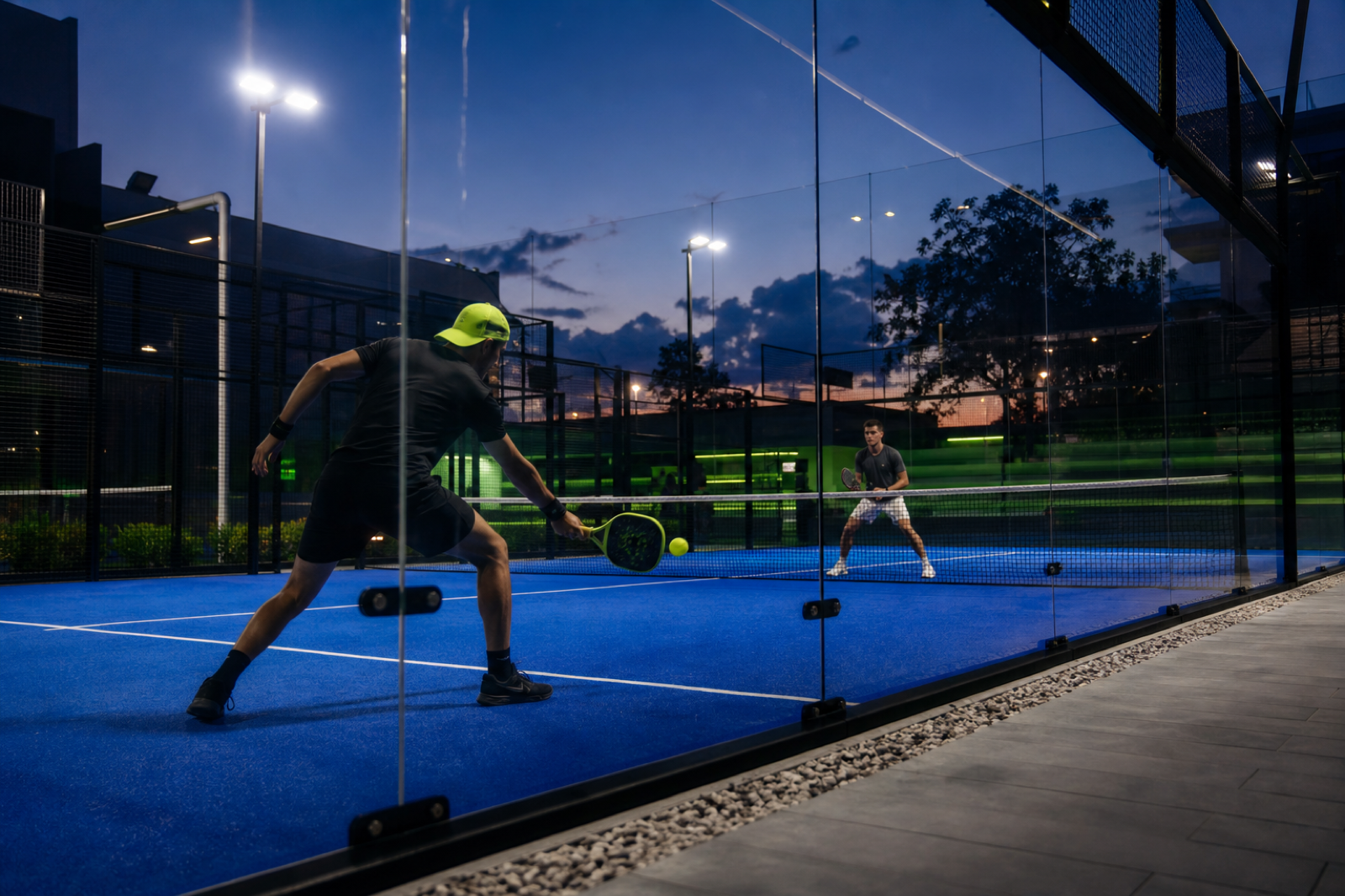 Players competing on the blue padel court at dusk