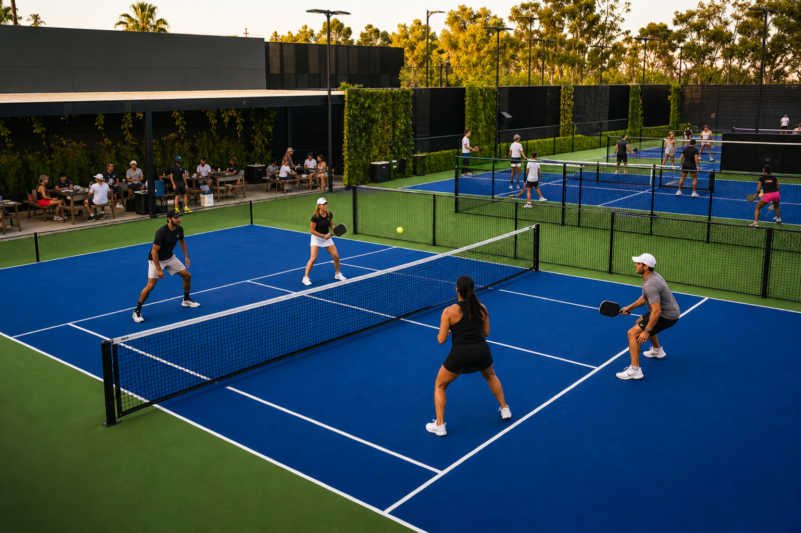 Players enjoying the four pickleball courts
